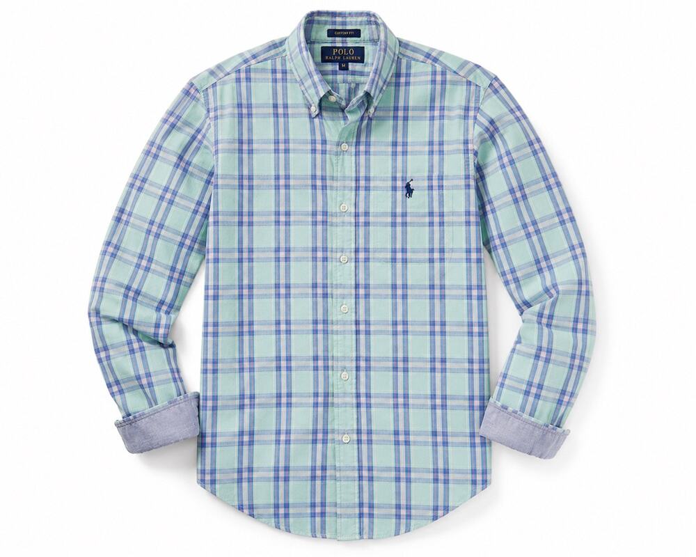 Polo Ralph Lauren Custom Fit Plaid Button Down Shirt Mint Blue Pink Medium